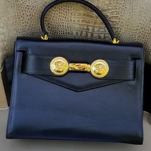 Versace Black Leather Top Handle Bag with Gold Medallion Hardware